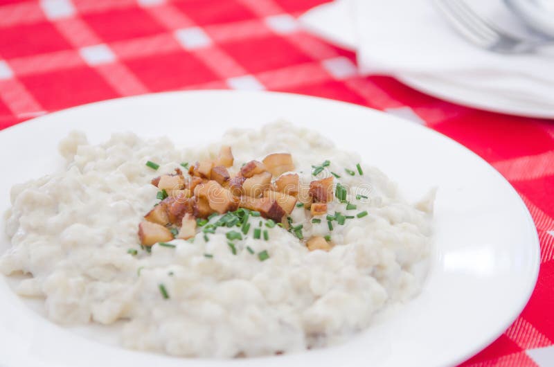 Halusky with bryndza sheep cheese and bacon, which is potato dough dumpling, similar gnocchi(Slovakian cuisine)