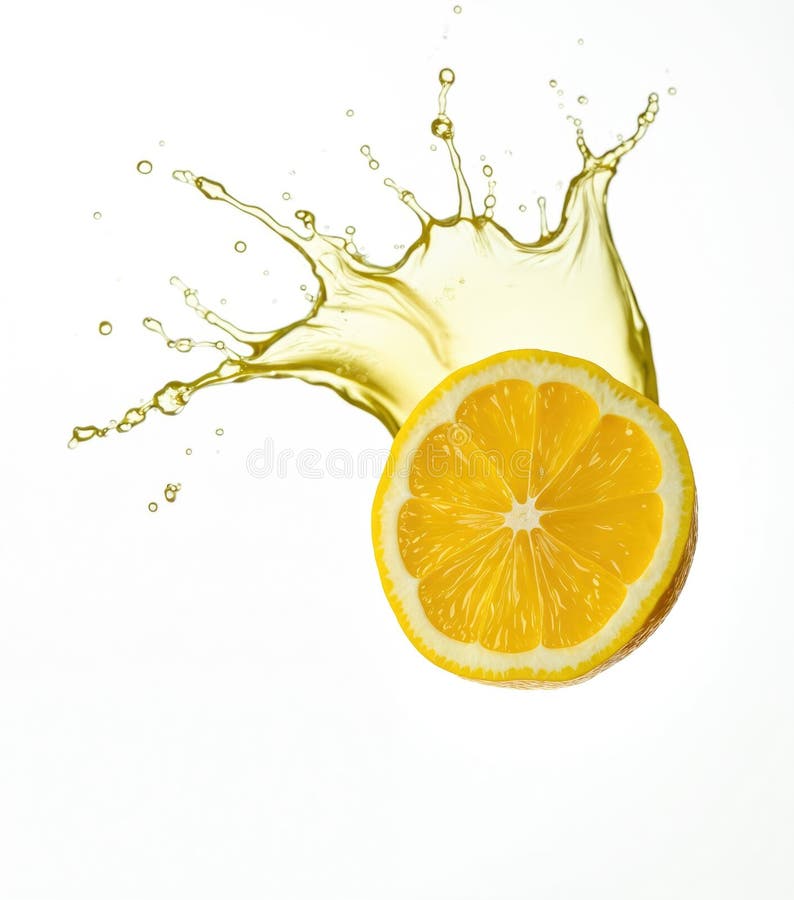 Halva citroner med saftsplash på vit bakgrund. Citrusfrukter som skapar vätskeexplosion. Freshness-koncept. Gul juicedel. Gul saftig skärning med flytande friska drycker. Ingen runt. AI genererad.
