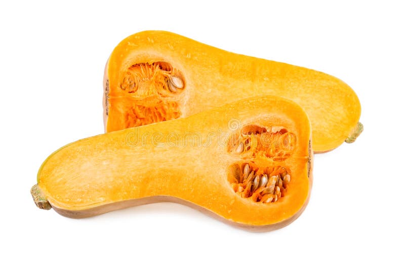 Halverad Butternutpumpa Två halvor av butternutsquash som isoleras på vit bakgrund royaltyfria foton Halverad Butternutpumpa Två halvor av butternutsquash som isoleras på vit bakgrund royaltyfria foton