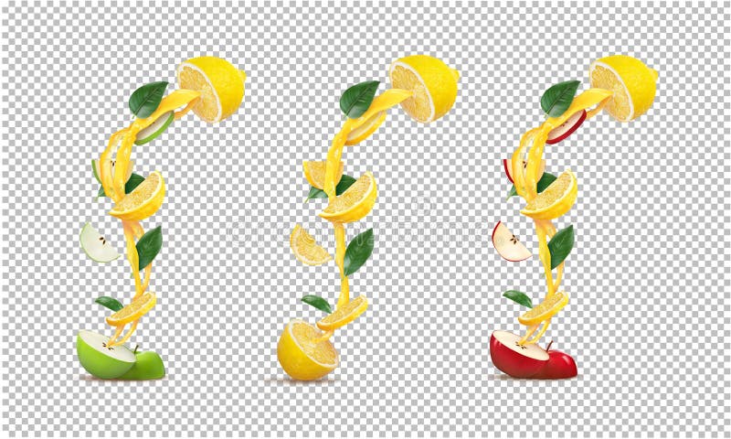 Halverad grön äpple och halv citronröd och halv citronhalverad citron med citron- och äppeljuiceströmmar med äppeläpple royaltyfri illustrationer