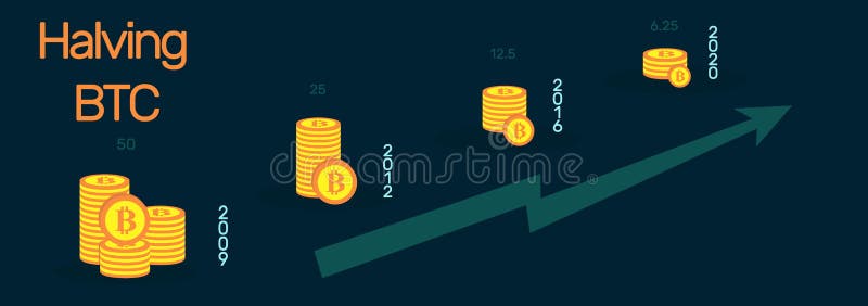 Halving bitcoin. A visual representation of how bitcoins are shared every four years. Creative blockchain technology banner for vector illustration