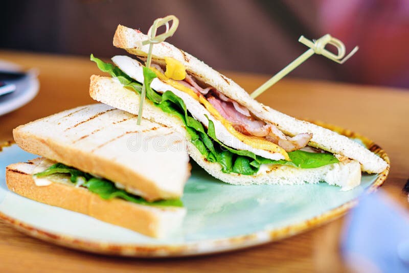 Ham, Cheese, Salad and Toasted Bread Sandwich on Serving Plate Stock