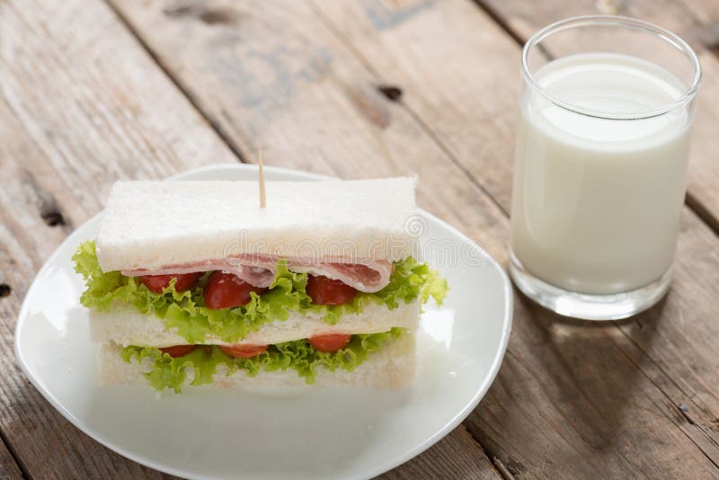 Ham and Cheese Sandwich with Milk Glass. Stock Image Image of