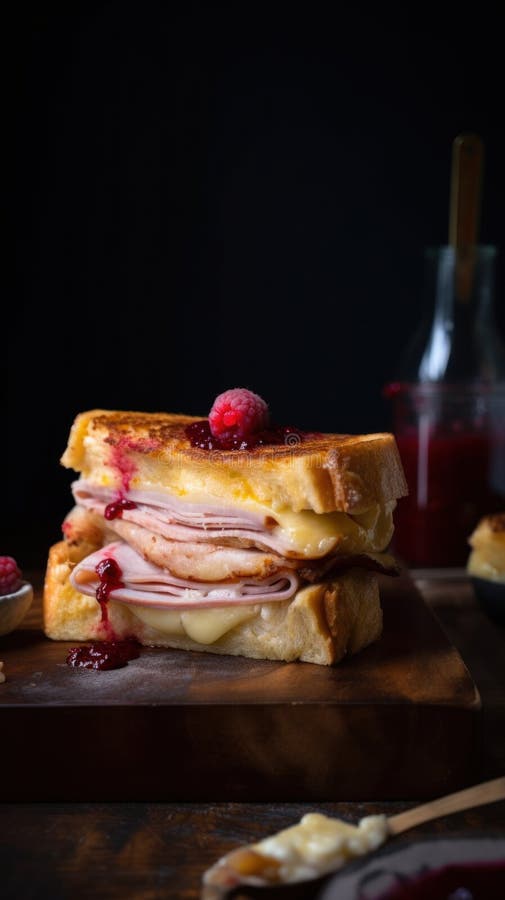 A Ham and Cheese Sandwich with Raspberry Sauce. Generative AI Image