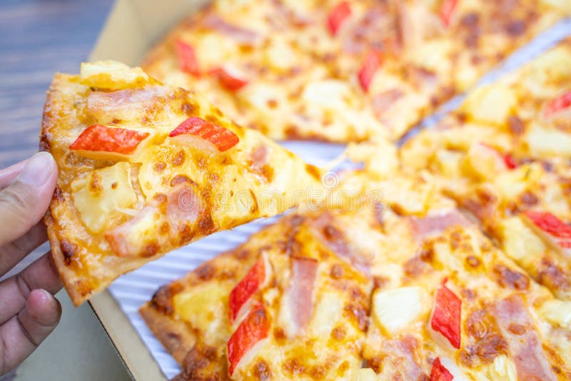 Ham and crab stick on crispy pizza stock photography