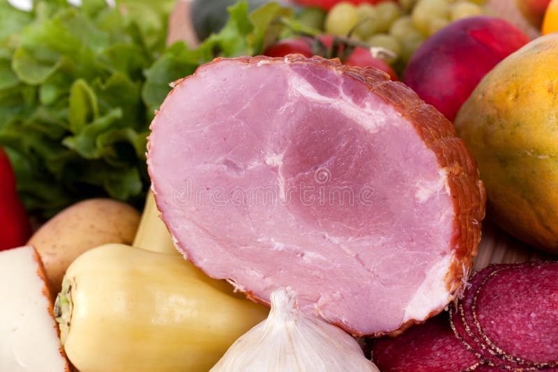 Ham with sausage and mixed fruits and vegetables