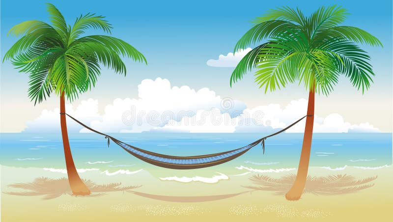 Hamaca y palmeras en la playa stock de ilustración Hamaca y palmeras en la playa stock de ilustración