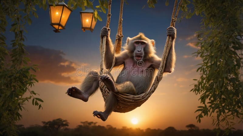 Hamadryas Baboon Swinging la Sunset royalty free illustration