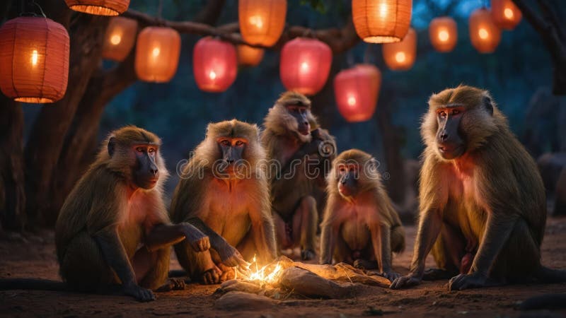 Hamadryas Baboons Assembly Around a Campfire at at at Night Under Lanterns vector illustration