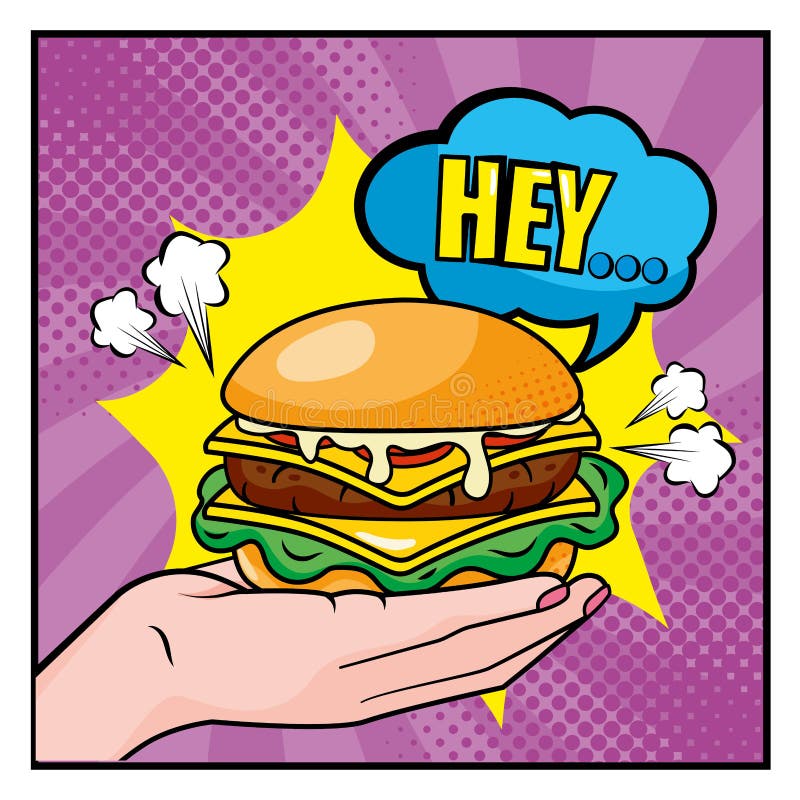 Hambuerger dans la main de femme avec hé le message de bulle de causerie illustration stock Hambuerger dans la main de femme avec hé le message de bulle de causerie illustration stock