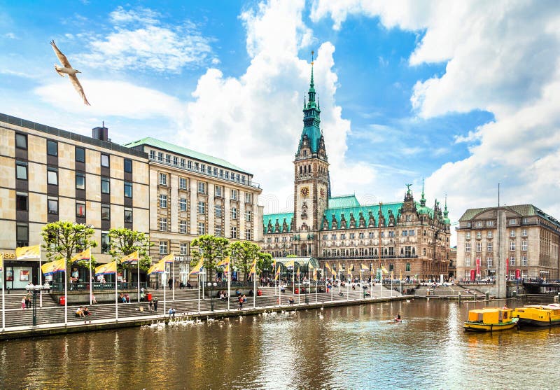 Hamburg city center with town hall and Alster river. Beautiful view of Hamburg city center with town hall and Alster river, Germany stock image Hamburg city center with town hall and Alster river. Beautiful view of Hamburg city center with town hall and Alster river, Germany stock image