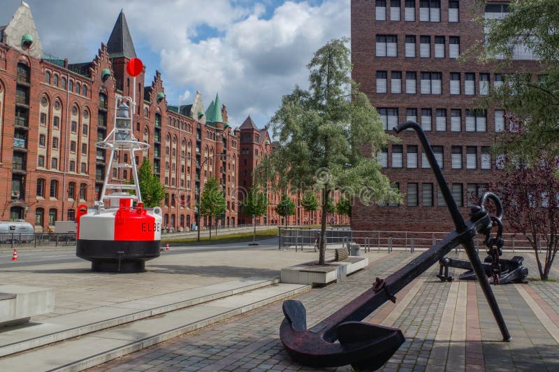 HAMBURG, GERMANY - JULY 18.2016: Famous Speicherstadt warehouse district with anchor and buoy