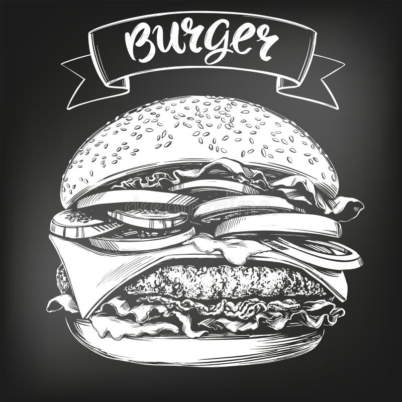 Hamburgaren illustration f?r vektor f?r hamburgarehand utdragen skissar kritameny retro stil