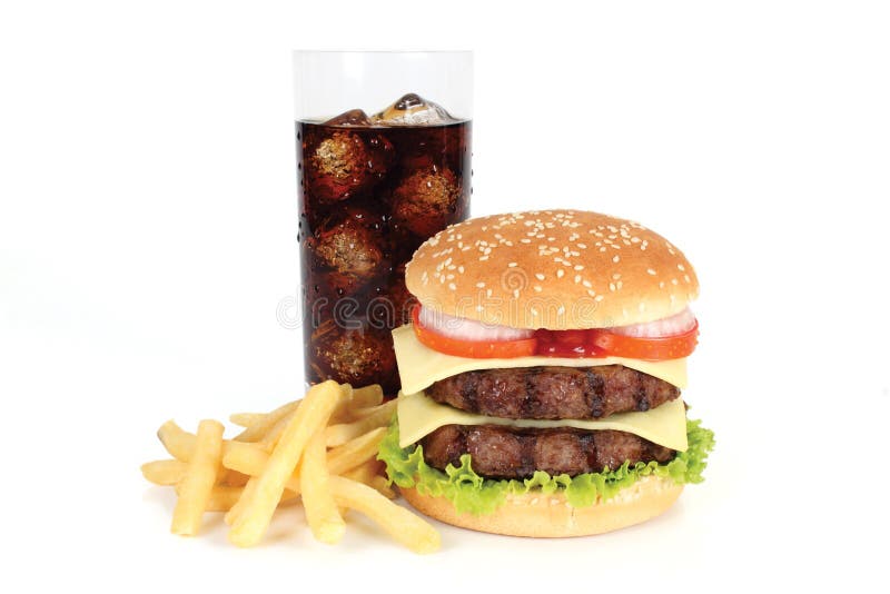 Burger and fries on white background. Burger and fries on white background