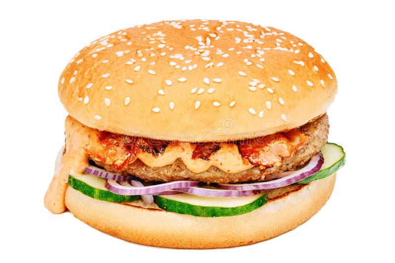 Hamburger with beef, cucumber and onion