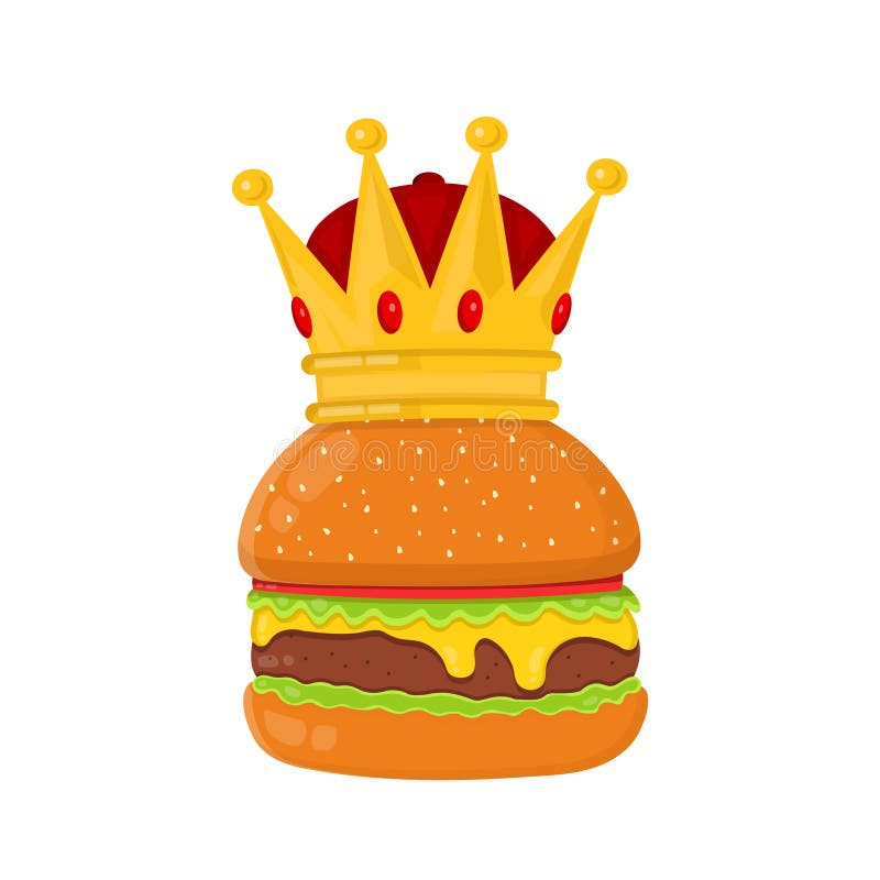 Hamburger, cheeseburger z koroną Wektorowa płaska kreskówki ilustraci ikona odizolowywający na białym backgound fast food, kawiarnia, restauracyjny pojęcie