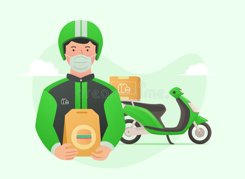 Hamburger en ligne de nourriture de livraison de taxi de moto du conducteur à l'ordre du client par l'application illustration de vecteur Hamburger en ligne de nourriture de livraison de taxi de moto du conducteur à l'ordre du client par l'application illustration de vecteur
