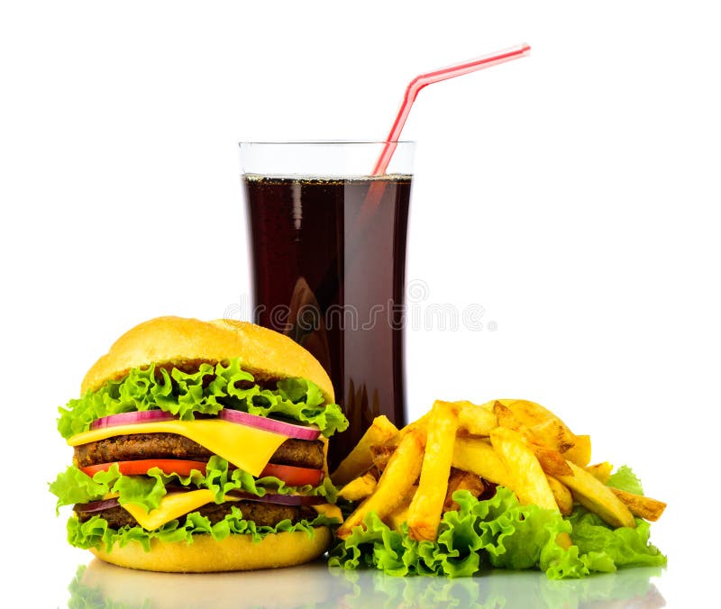 Hamburger, french fries and drink