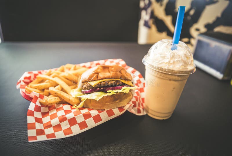 Hamburger, Fries, and a Shake Stock Photo Image of calories