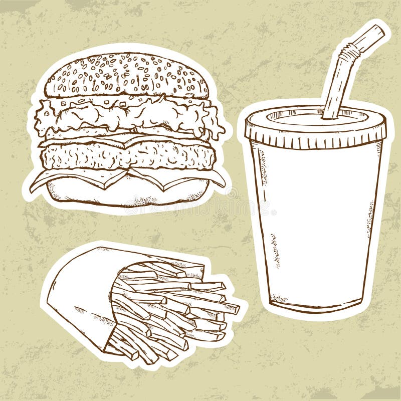 Hamburger, fritures et boisson illustration stock Hamburger, fritures et boisson illustration stock