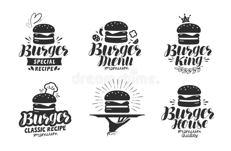 Hamburger, logo degli alimenti a rapida preparazione o icona, emblema Etichetta per il ristorante o il caffè di progettazione del royalty illustrazione gratis