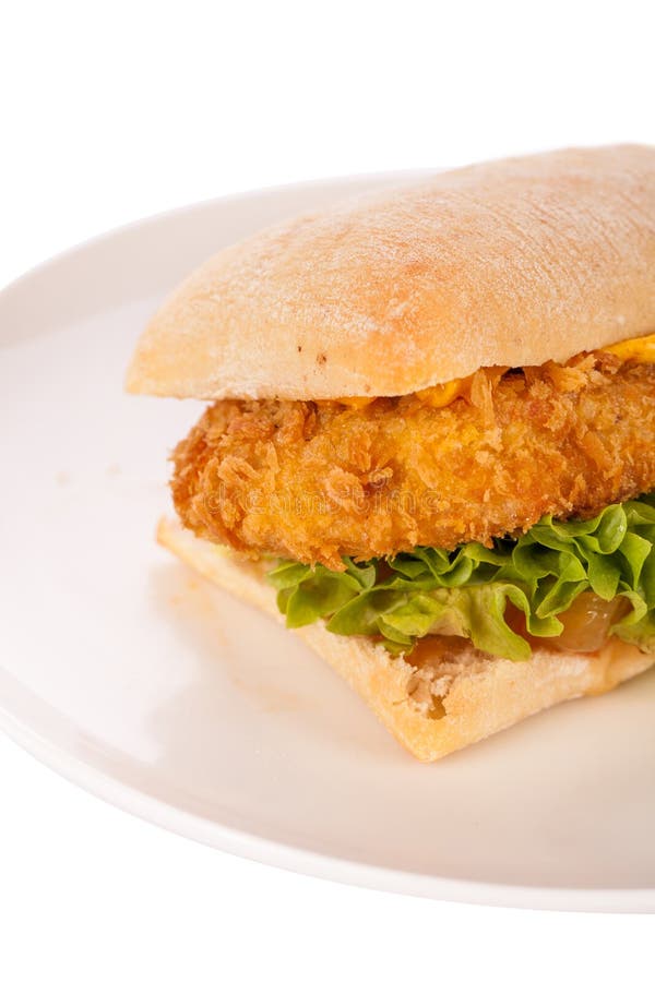 Hamburger met gouden verkruimelde kippenborst royalty-vrije stock fotografie Hamburger met gouden verkruimelde kippenborst royalty-vrije stock fotografie