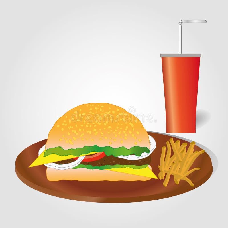 Hamburger mit Pommes-Frites und Getränk auf hellgrauem Hintergrund Trieb auf weißem Hintergrund lizenzfreie abbildung Hamburger mit Pommes-Frites und Getränk auf hellgrauem Hintergrund Trieb auf weißem Hintergrund lizenzfreie abbildung