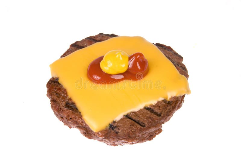 Hamburger Patty With Cheese, Mustard And Ketchup Stock Photo Image