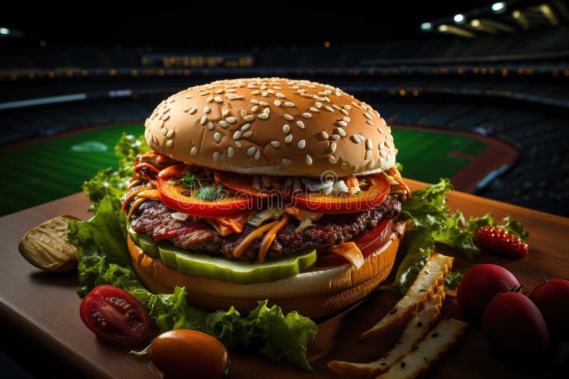 A hamburger with peppers in a baseball game at the stadium., generative IA