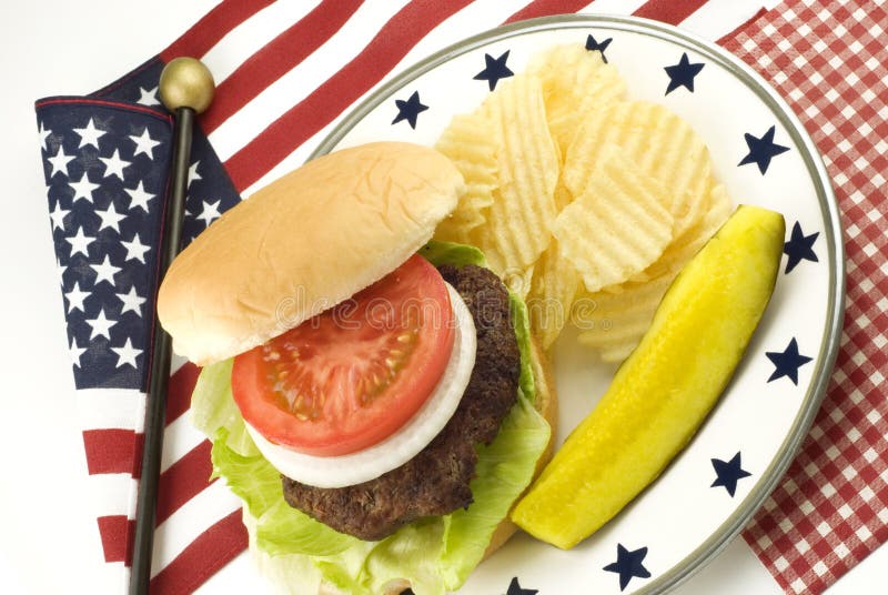 Hamburger and Potato Chips with Patriotic Theme