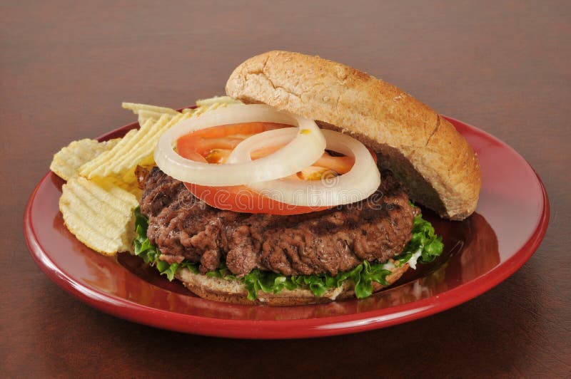 Hamburger and potato chips stock image. Image of beef 35633869