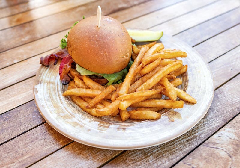 Hamburger savoureux avec des fritures photographie stock libre de droits Hamburger savoureux avec des fritures photographie stock libre de droits