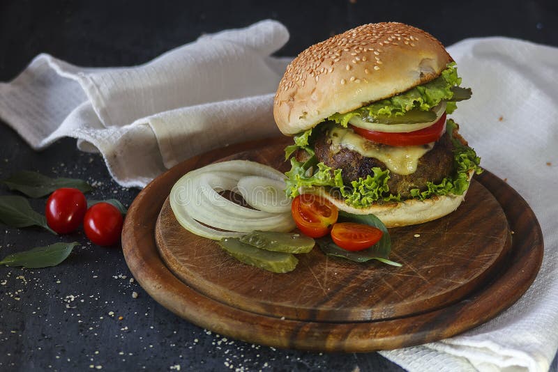 Hamburger on a Wooden Stand Stock Photo Image of classic