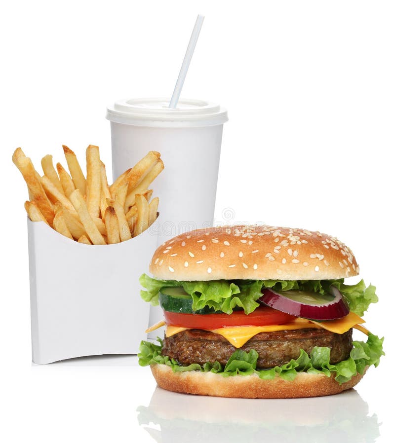 Hamburger z francuzów dłoniakami i kola pijemy zdjęcia stock Hamburger z francuzów dłoniakami i kola pijemy zdjęcia stock