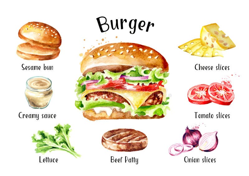 Hamburger z sera i warzyw sk?adnikami ustawiaj?cymi Akwareli r?ka rysuj?ca ilustracja, odizolowywaj?ca na bia?ym tle ilustracji Hamburger z sera i warzyw sk?adnikami ustawiaj?cymi Akwareli r?ka rysuj?ca ilustracja, odizolowywaj?ca na bia?ym tle ilustracji