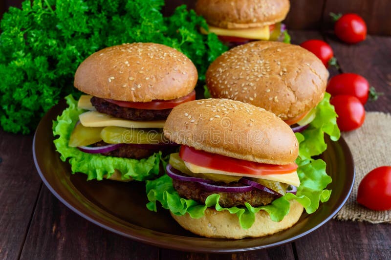 Hamburgers thuis (broodje, tomaat, komkommer, uiringen, sla, varkenskoteletten, kaas) in een kleikom royalty-vrije stock fotografie Hamburgers thuis (broodje, tomaat, komkommer, uiringen, sla, varkenskoteletten, kaas) in een kleikom royalty-vrije stock fotografie