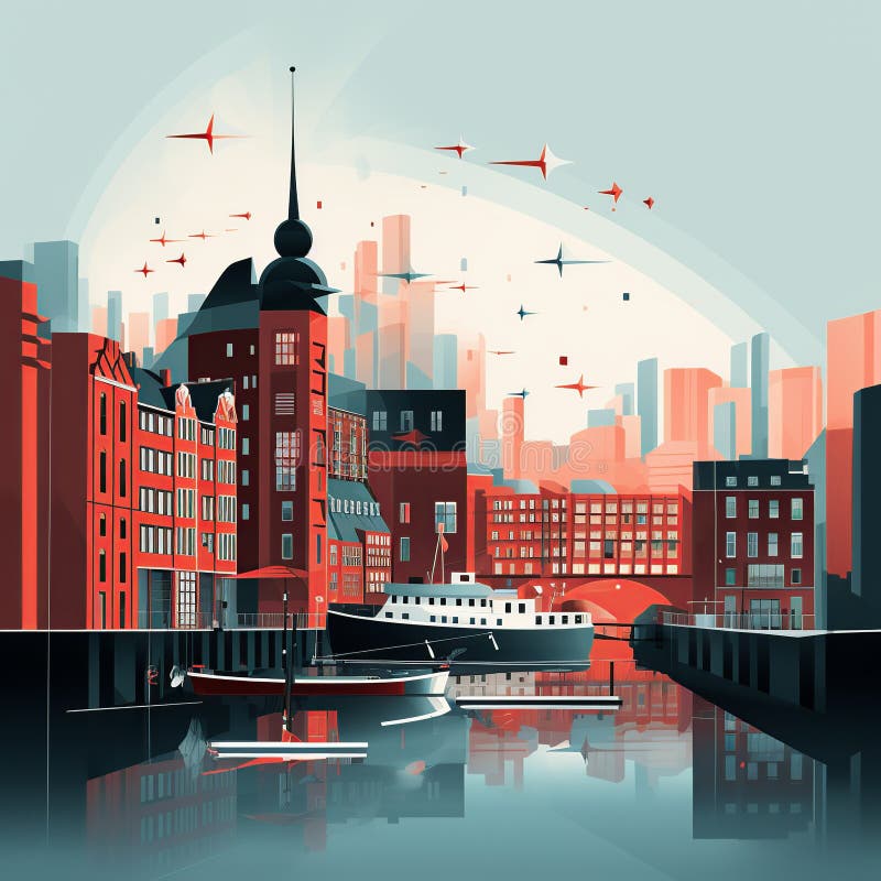 Hamburgs historisk speicherstadt&modern elbphilharmoni en enkel minimalistisk syn vektor illustrationer