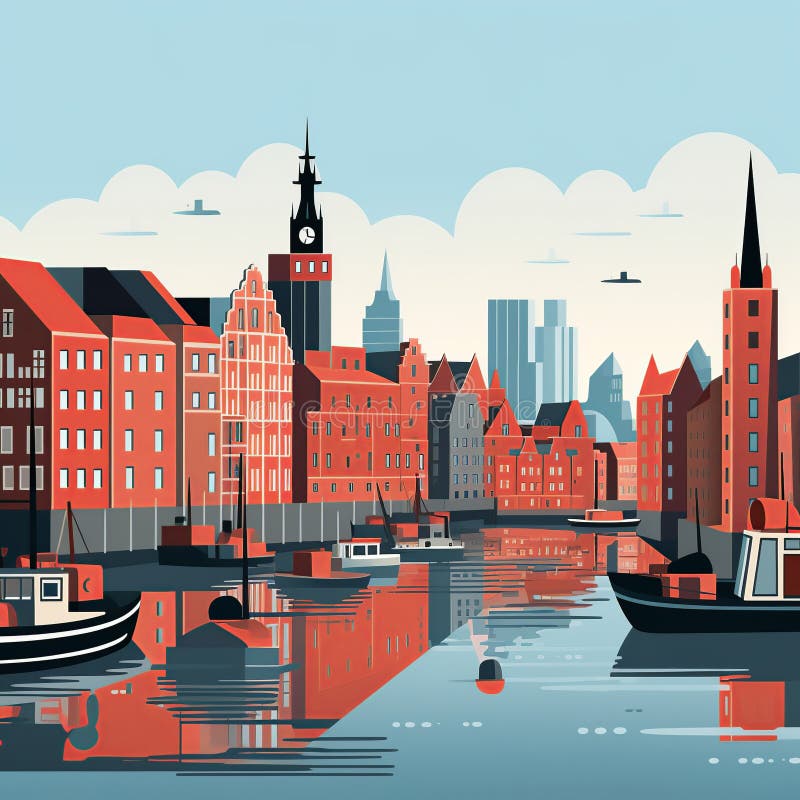 Hamburgs historisk speicherstadt&modern elbphilharmoni en enkel minimalistisk syn stock illustrationer