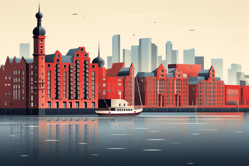Hamburgs historisk speicherstadt&modern elbphilharmoni en enkel minimalistisk syn vektor illustrationer