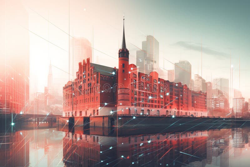 Hamburgs historisk speicherstadt&modern elbphilharmoni en enkel minimalistisk syn royaltyfri illustrationer