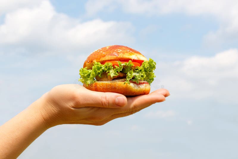Hamburguer na mão imagens de stock royalty free Hamburguer na mão imagens de stock royalty free