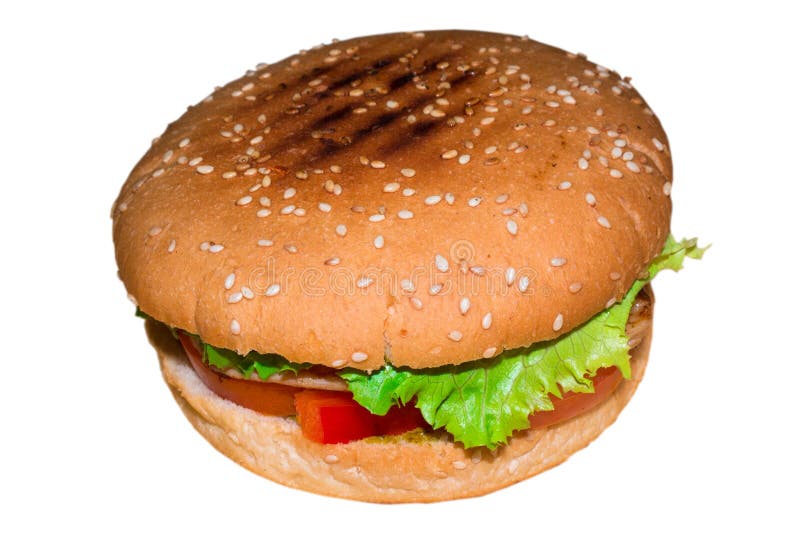 Hamburguer suculento muito delicioso em um fundo branco isolado imagens de stock royalty free Hamburguer suculento muito delicioso em um fundo branco isolado imagens de stock royalty free