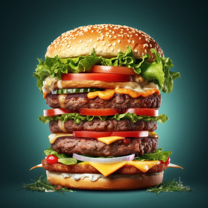 Hamburguesa de queso americano con tomate de ensalada fresco y cebolla. hamburguesa grande con tomate y lechuga de queso de vaca libre illustration