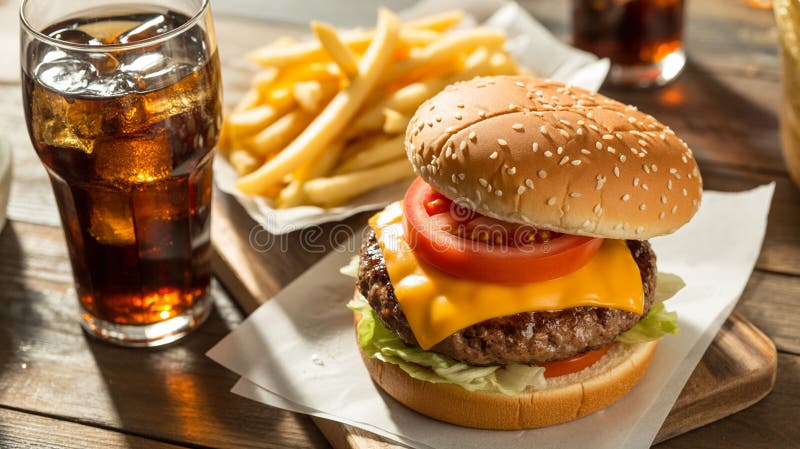 Hamburguesa de queso clásica con fritos y bebida de Cola libre illustration