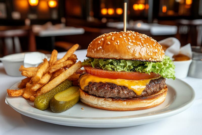 Hamburguesa de queso clásica con fritos y pollos. stock de ilustración