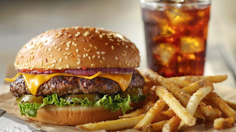 Hamburguesa de queso clásico con patatas fritas y soda ilustración del vector