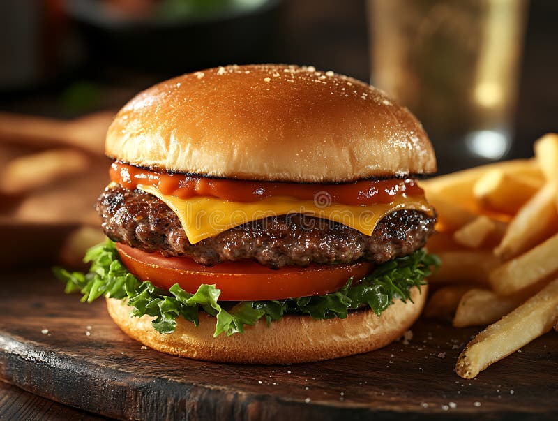 Hamburguesa de queso clásico con tomate de lechuga y patatas fritas servidas en una mesa rústica de madera ilustración del vector