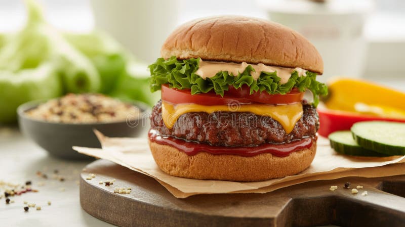 Hamburguesa de queso con ensalada y salsa fresca libre illustration