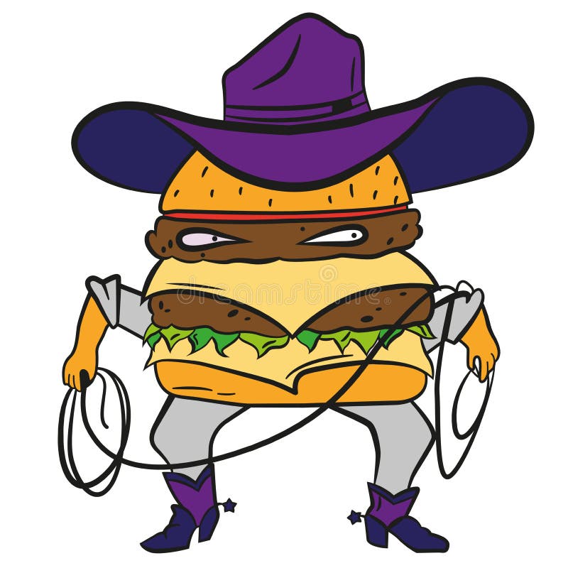 Hamburguesa divertida del vaquero, cheeseburger en un sombrero y
