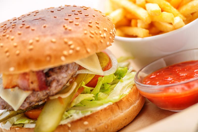 Hamburguesa excelente con las patatas fritas y la salsa de tomate en la placa blanca